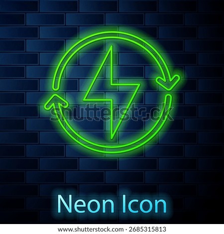 Glowing neon line Lightning bolt icon isolated on brick wall background. Flash sign. Charge flash icon. Thunder bolt. Lighting strike.  Vector