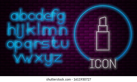 Glowing neon line Lipstick icon isolated on brick wall background. Neon light alphabet. Vector Illustration