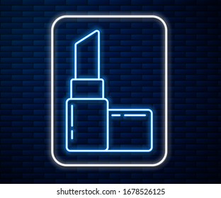 Glowing neon line Lipstick icon isolated on brick wall background. 8 March. International Happy Women Day.  Vector Illustration