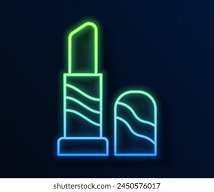 Glowing neon line Lipstick icon isolated on blue background. 8 March. International Happy Women Day.  Vector