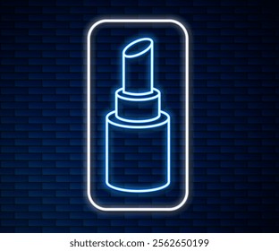 Glowing neon line Lipstick icon isolated on brick wall background.  Vector