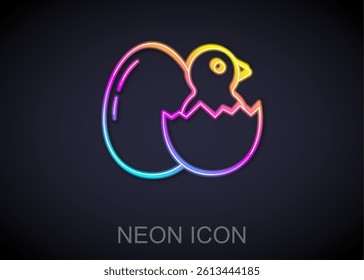 Glowing neon line Little chick in cracked egg icon isolated on black background.  Vector