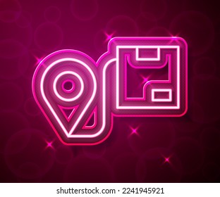 Glowing neon line Location with cardboard box icon isolated on red background. Delivery services, logistic and transportation, distribution.  Vector