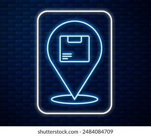 Glowing neon line Location with cardboard box icon isolated on brick wall background. Delivery services, logistic and transportation, distribution.  Vector Illustration