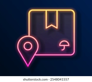 Glowing neon line Location with cardboard box icon isolated on black background. Delivery services, logistic and transportation, distribution.  Vector