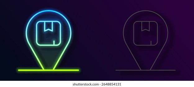 Glowing neon line Location with cardboard box icon isolated on black background. Delivery services, logistic and transportation, distribution.  Vector
