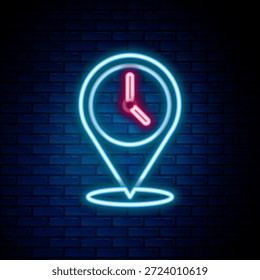 Glowing neon line Location with clock icon isolated on brick wall background. Colorful outline concept. Vector