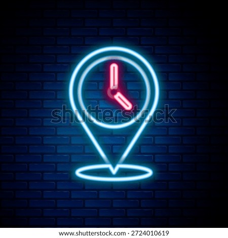 Glowing neon line Location with clock icon isolated on brick wall background. Colorful outline concept. Vector