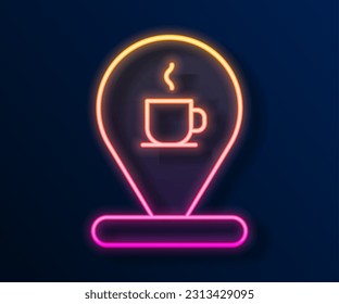 Glowing neon line Location with coffee cup icon isolated on black background.  Vector