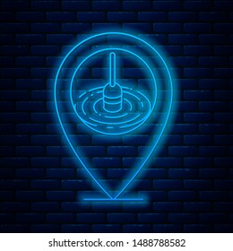 Glowing neon line Location fishing icon isolated on brick wall background. Fishing place.  Vector Illustration