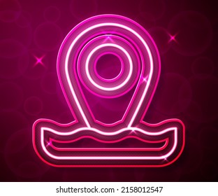 Glowing neon line Location fishing icon isolated on red background. Fishing place.  Vector