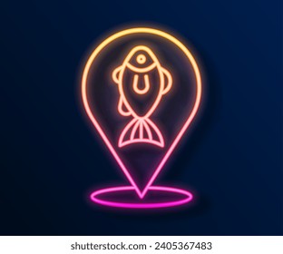 Glowing neon line Location fishing icon isolated on black background. Fishing place.  Vector