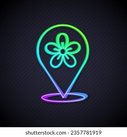 Glowing neon line Location with flower icon isolated on black background.  Vector