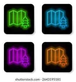 Glowing neon line Location of the forest on a map icon isolated on white background. Black square button. Vector Illustration