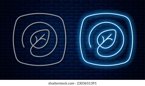Línea de neón brillante Ubicación con icono de hoja aislado en el fondo de la pared de ladrillo. Concepto de energía ecológica. Concepto de energía alternativa.  Vector