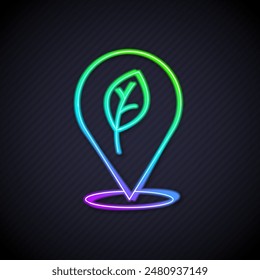 Glowing neon line Location with leaf icon isolated on black background. Eco energy concept. Alternative energy concept.  Vector