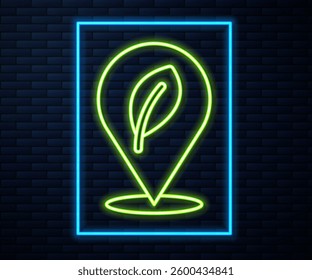 Glowing neon line Location with leaf icon isolated on brick wall background. Eco energy concept. Alternative energy concept.  Vector