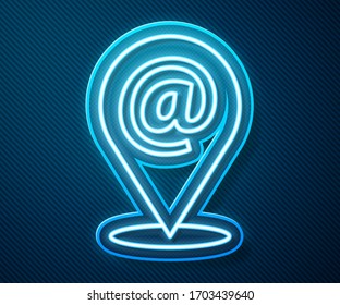Glowing neon line Location and mail and e-mail icon isolated on blue background. Envelope symbol e-mail. Email message sign.  Vector Illustration