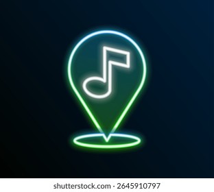 Glowing neon line Location musical note icon isolated on black background. Music and sound concept. Colorful outline concept. Vector