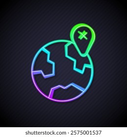 Glowing neon line Location on the globe icon isolated on black background. World or Earth sign.  Vector