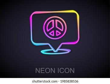 Glowing neon line Location peace icon isolated on black background. Hippie symbol of peace.  Vector