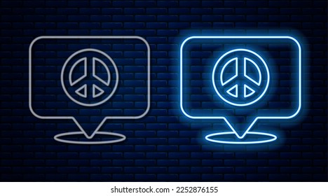 Glowing neon line Location peace icon isolated on brick wall background. Hippie symbol of peace.  Vector