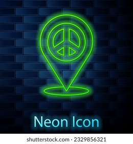 Glowing neon line Location peace icon isolated on brick wall background. Hippie symbol of peace.  Vector