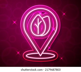 Glowing neon line Location pin with leaf inside icon isolated on red background. Leaves sign. Fresh natural product symbol.  Vector