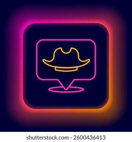 Glowing neon line Location pirate icon isolated on black background. Colorful outline concept. Vector