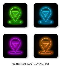 Glowing neon line Location with sales funnel icon isolated on white background. Infographic template. Black square button. Vector Illustration