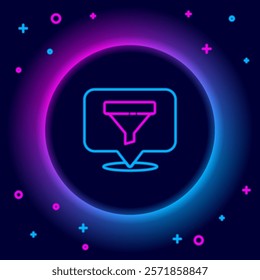 Glowing neon line Location with sales funnel icon isolated on black background. Infographic template. Colorful outline concept. Vector