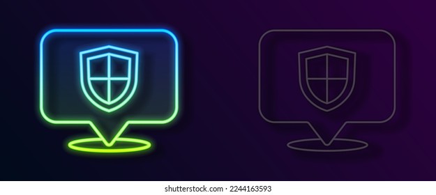 Glowing neon line Location shield icon isolated on black background. Insurance concept. Guard sign. Security, safety, protection, privacy concept.  Vector