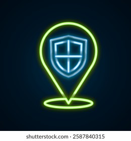 Glowing neon line Location shield icon isolated on black background. Insurance concept. Guard sign. Security, safety, protection, privacy concept. Colorful outline concept. Vector