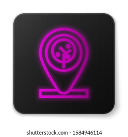 Glowing neon line Location and tree icon isolated on white background. Black square button. Vector Illustration