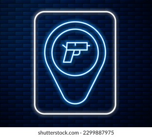 Glowing neon line Location with weapon icon isolated on brick wall background.  Vector