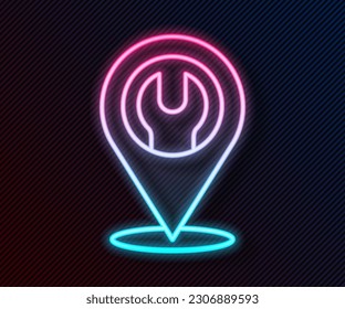 Glowing neon line Location with wrench spanner icon isolated on black background. Adjusting, service, setting, maintenance, repair, fixing.  Vector Illustration