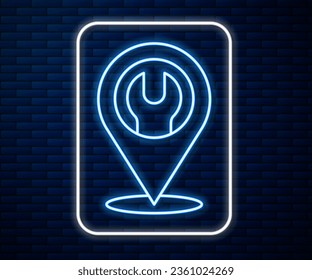 Glowing neon line Location with wrench spanner icon isolated on brick wall background. Adjusting, service, setting, maintenance, repair, fixing.  Vector Illustration