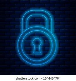 Glowing neon line Lock icon isolated on brick wall background. Padlock sign. Security, safety, protection, privacy concept.  Vector Illustration