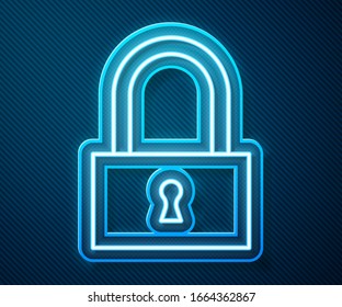 Glowing neon line Lock icon isolated on blue background. Padlock sign. Security, safety, protection, privacy concept.  Vector Illustration