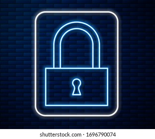 Glowing neon line Lock icon isolated on brick wall background. Padlock sign.   Vector Illustration