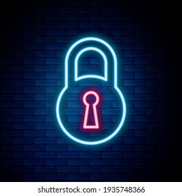 Glowing neon line Lock icon isolated on brick wall background. Padlock sign. Security, safety, protection, privacy concept. Colorful outline concept. Vector