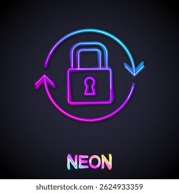 Glowing neon line Lock icon isolated on black background. Padlock sign. Security, safety, protection, privacy concept.  Vector