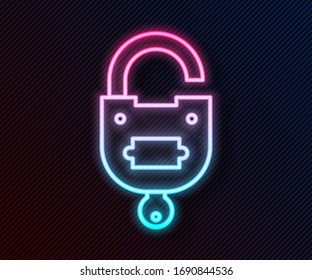 Glowing neon line Lock and key icon isolated on black background. Padlock sign. Security, safety, protection, privacy concept.  Vector Illustration