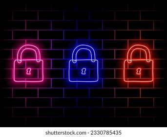 Glowing neon line lock and key icon isolated on black background. Padlock sign. Safety, security, protection, privacy concept. Colorful outline concept. many colors.