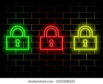 Glowing neon line lock and key icon isolated on black background. Padlock sign. closed. security, protection, privacy concept. Colorful outline concept... green, red, yellow, pink, blue, orange.