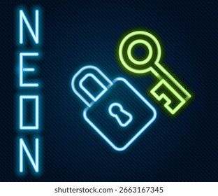 Cerradura de línea de neón brillante con el icono de la llave aislado en fondo negro. Símbolo de amor y signo de ojo de cerradura. Concepto de contorno colorido. Vector