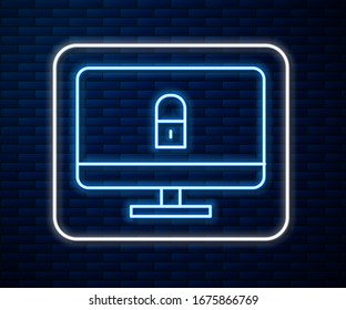 Glowing neon line Lock on computer monitor screen icon isolated on brick wall background. Security, safety, protection concept. Safe internetwork.  Vector Illustration