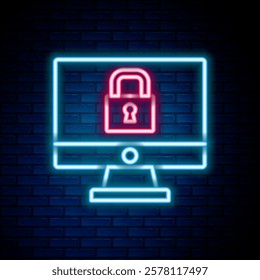 Glowing neon line Lock on computer monitor screen icon isolated on brick wall background. Security, safety, protection concept. Safe internetwork. Colorful outline concept. Vector