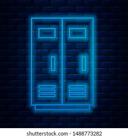 Glowing neon line Locker or changing room for football, basketball team or workers icon isolated on brick wall background.  Vector Illustration