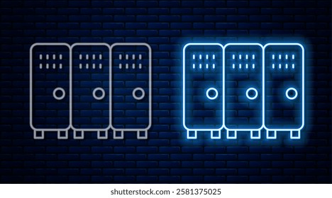 Glowing neon line Locker or changing room for hockey, football, basketball team or workers icon isolated on brick wall background.  Vector